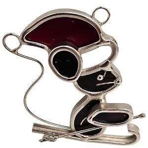 Elegant Silver Red White and Black Stained Glass Silver Mouse Ornament Gift